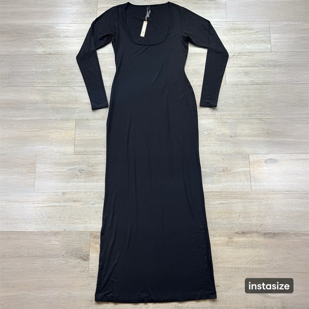 NWT SKIMS XL Soft Lounge Ribbed Modal Maxi Stretch Dress‎ Onyx Black
